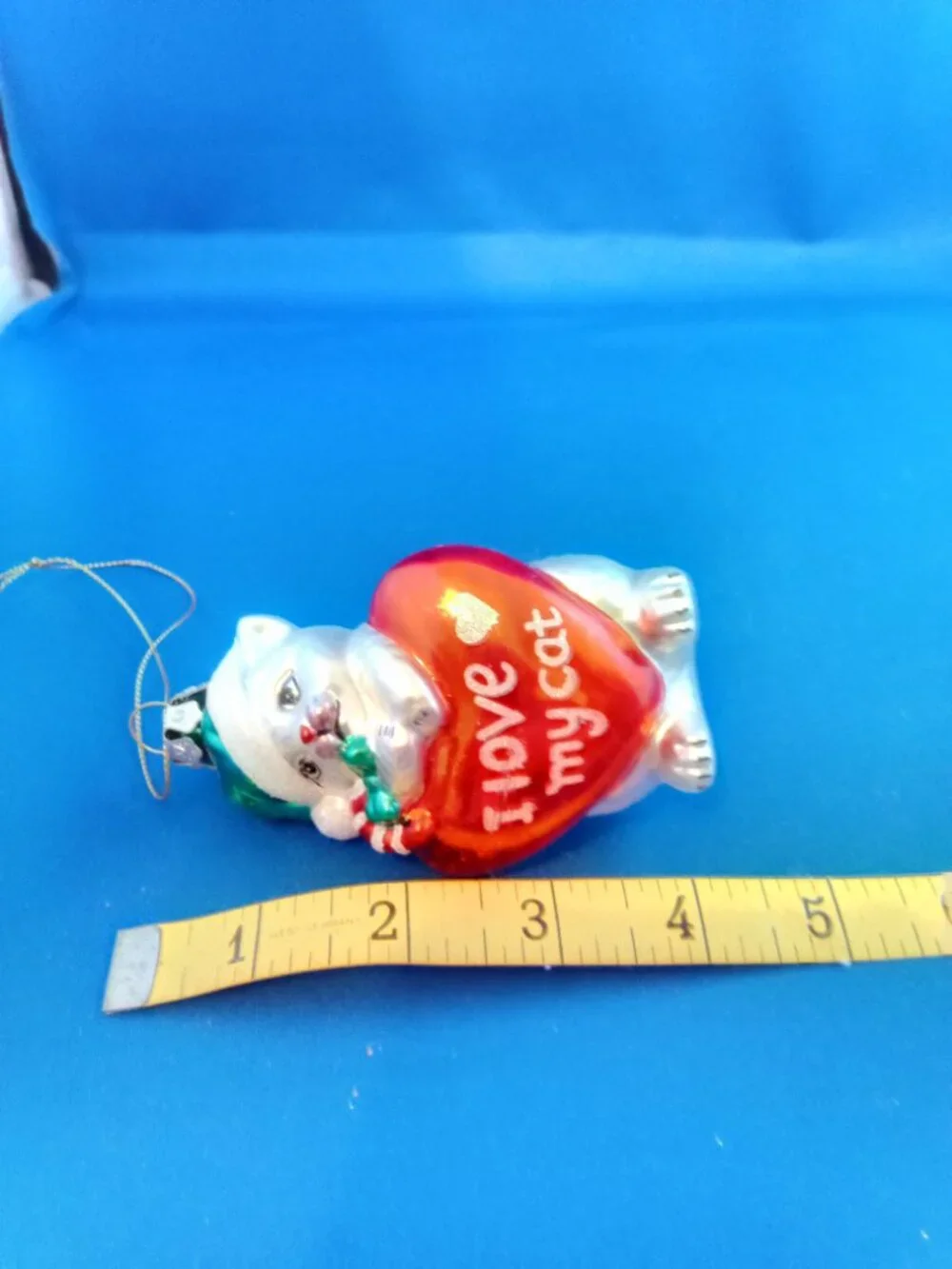 Glass Christmas ornament I LOve My Cat white cat with heart